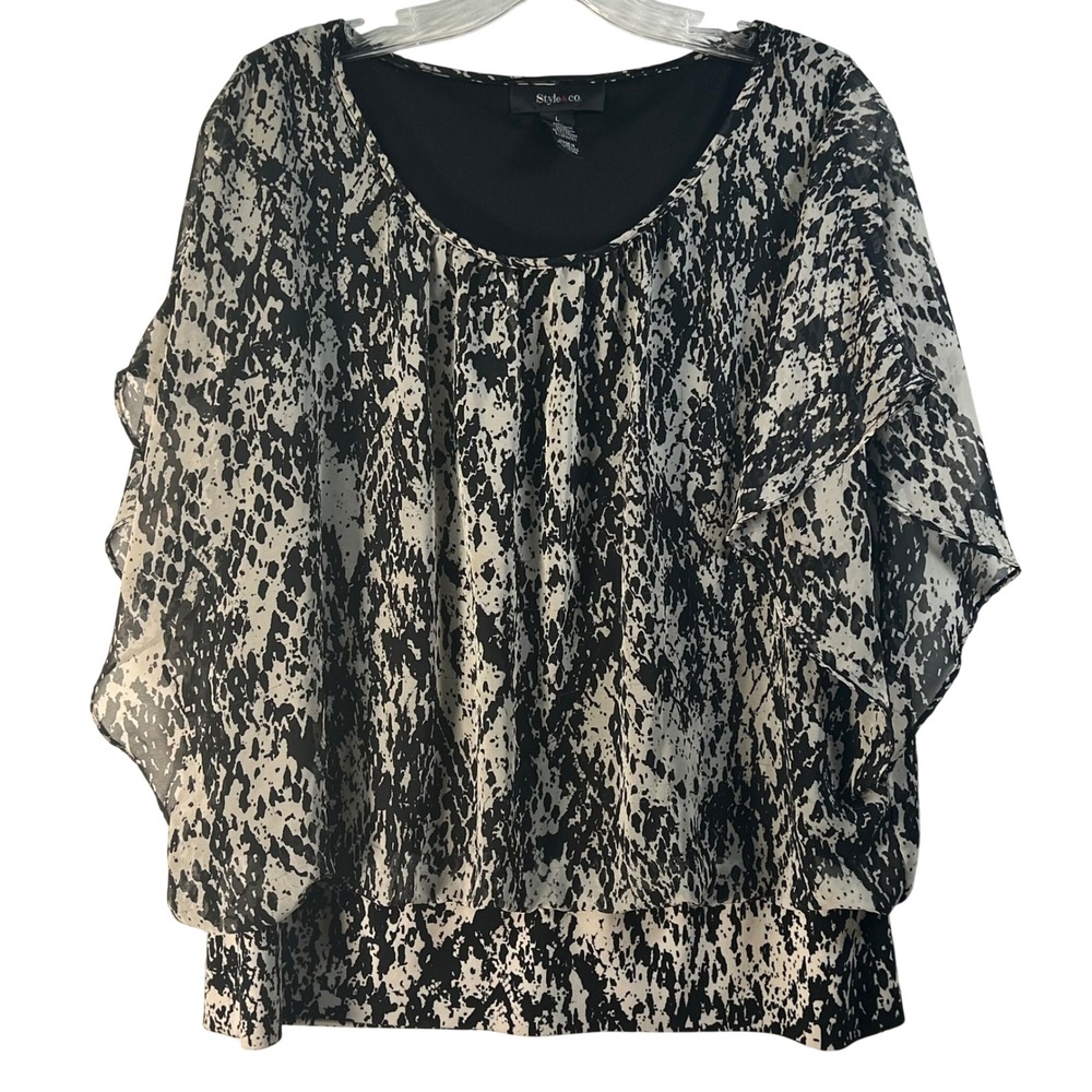 Style & Co Womens Black White Abstract Animal Print Flutter Sleeve Blouse Large‎